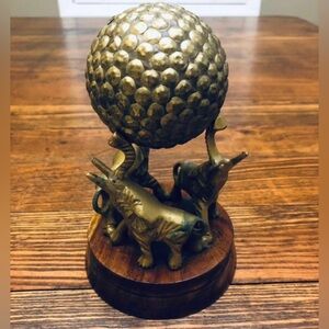 Vintage Trio Of Brass Elephant Truck Up Holding Brass Ball Sculpture 7"×4"